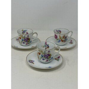 Set 3 Pirken Hammer Czechoslovakia Epiag Floral Demitasse Cups & Saucers Dresden